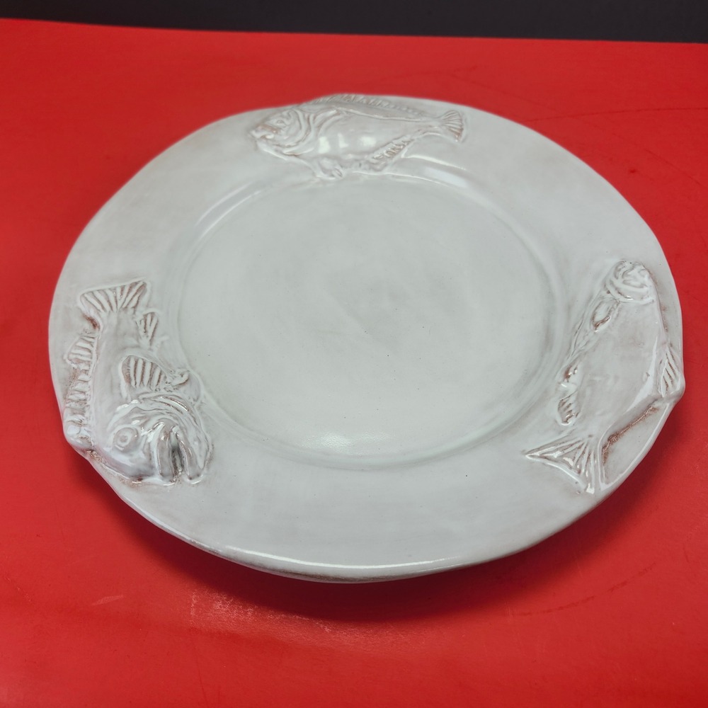 Vintage White Fish Embossed Terracotta 12" Charger Plate Coastal Serveware EX